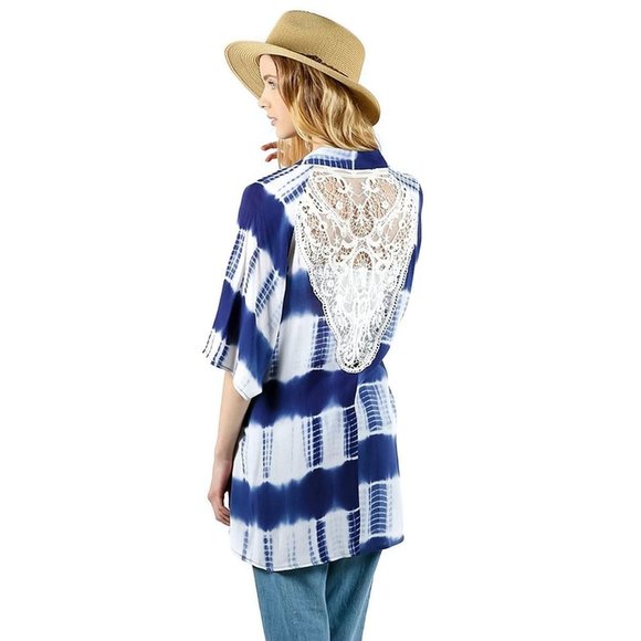 Kori Jackets & Blazers - Kori America Tie Dye Kimono with Lace Crochet Back, Blue